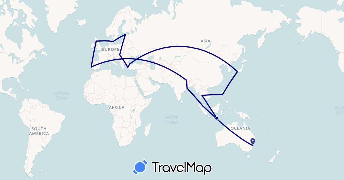 TravelMap itinerary: driving in Australia, Denmark, Estonia, United Kingdom, Hungary, Indonesia, India, Japan, Malaysia, Nepal, Philippines, Portugal, Thailand, Turkey (Asia, Europe, Oceania)